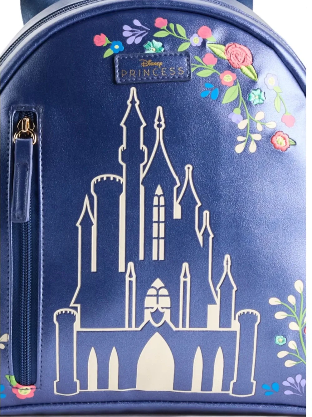 Disney Bioworld Shimmer Blue Princess Royal Castle Floral Mini Backpack